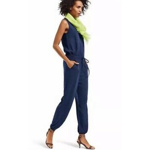 CAbi Pants - Cabi Navy Blue Sleeveless Waist Tie Jumpsuit